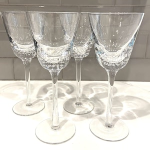 Clear Hand-Blown Swirl Optic Controlled Bubble Water Goblet, Wine Glass, Set 4