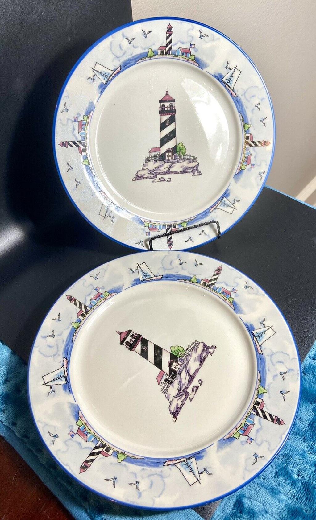 Main Stays Home Coastal Lighthouse Dinner Plates Set 2 Nautical 10 1/2”