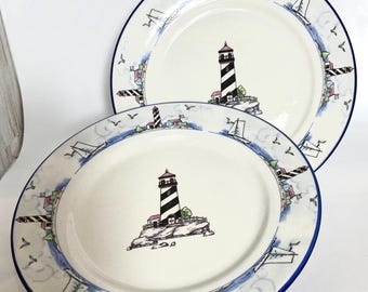 2  VTG Mainstays Home Coastal Nautical Lighthouse Dessert/Salad Plates Saucers