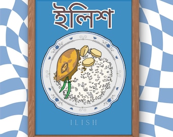 Bengali-irländsk fiskkökskonsttryck, sydasiatisk matdekorationposter