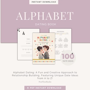 Könnte beinhalten: Ein druckbares Alphabet-Dating-Buch mit einem Cartoon-Paar auf dem Cover. Das Buch enthält über 100 Date-Ideen und einen Abschnitt zum Planen von Dates.