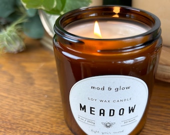 Meadow Soy Wax Candle | Floral & Nostalgic Scented Candle in Amber Jar | Anniversary, Decor, Bachelorette, Birthday, Gift