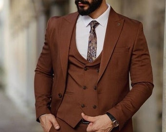 Men's Suit, Brown Slim-Fit Italian One Button Suit - Brown Wedding Groom Suit - Brown 3 Piece Suit - Party Suit Men - Date Night Brown Suit