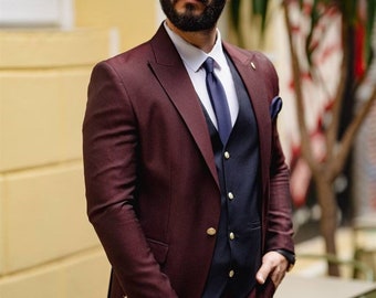 Men's Suit, Claret Red Slim-Fit Italian One Button Suit - Wedding Groom Suit - Claret Red 3 Piece Suit - Date Night Claret Red Suit