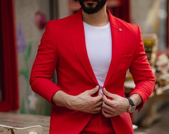 Men's Suit, Red Slim-Fit Italian One Button Suit - Wedding Groom Suit - Red 2 Piece Suit - Party Suit Men - Date Night Red Suit