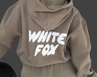 Ensemble à capuche en renard blanc - Sweat-shirt et pantalon de survêtement décontractés confortables et élégants - Ensemble survêtement loungewear