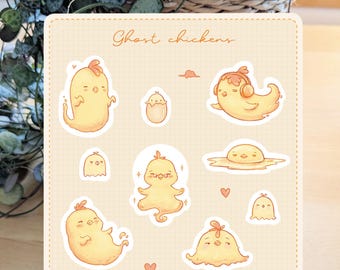Folha de adesivos de galinhas fantasmas A6 | Adesivos sem PVC | para diário e scrapbooking