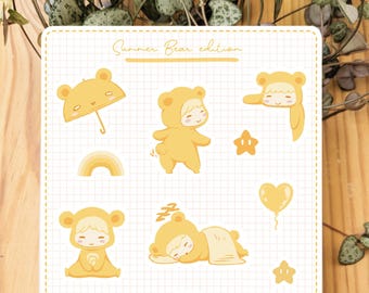 Folha de adesivos Summer Bear A6 | Sem PVC | para diário e scrapbooking