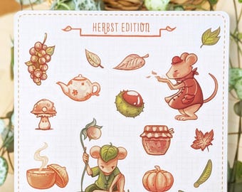 Folha de adesivos da edição de outono A6 | ratinhos fofos na floresta | adesivos de vinil transparentes para diário