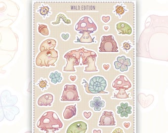 Folha de adesivos Forest Edition A6 | 33 adesivos sem PVC | Animais fofos da floresta no outono | Cogumelos kawaii para diário e scrapbooking