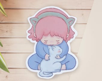 Adesivo "Momento de Abraço" – Menina e Gato | adesivo à prova d'água