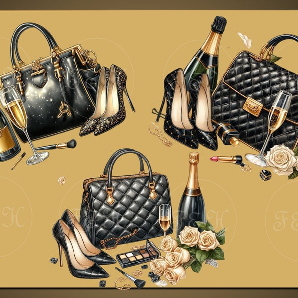 9 Black and Gold handbags, Shoes,  Champagne, Presents and Perfume png files | Elegant | Scrapbooking | journal | Card making | Clipart