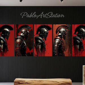 Crimson Spartan Warrior Art Set: Gladiator Decor for Man Cave (Digital Download 5-Pack)