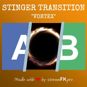 Puede incluir: Una imagen en blanco y negro de un vórtice con el texto "STINGER TRANSITION" y "VORTEX" encima. Las letras "A" y "B" están a cada lado del vórtice, con un fondo azul para "A" y un fondo verde para "B". El texto "Made with ♥ by streamFX.pro" está debajo del vórtice.
