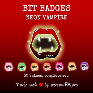 Puede incluir: Un conjunto de 30 insignias de bits de boca de vampiro de neón, con valores que van de 1 a 1 millón. Las insignias son de varios colores, incluidos rojo, naranja, amarillo, verde, azul y morado. Las insignias están diseñadas para ser utilizadas como recompensas o incentivos para los espectadores de una transmisión en vivo.