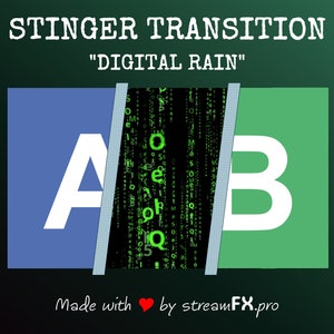 Peut inclure: Un effet de transition d'écran vert et bleu avec une animation de pluie numérique au milieu. Le texte "STINGER TRANSITION" et "DIGITAL RAIN" est affiché au-dessus de l'écran. Le texte "Made with ❤️ by streamFX.pro" est affiché en dessous de l'écran.