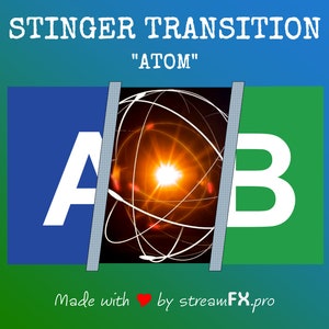 May include: A blue and green graphic with the text "STINGER TRANSITION" and "ATOM" in white. The graphic features a white letter "A" on a blue background, a white letter "B" on a green background, and a stylised image of an atom in the centre.