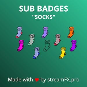 Könnte beinhalten: Eine Sammlung von Cartoon-Socken in verschiedenen Farben, darunter Pink, Lila, Orange und Blau, wird auf grünem Hintergrund dargestellt. Der Text "SUB BADGES" und "SOCKS" steht oben. Der Text "Made with ❤️ by streamFX.pro" steht unten.