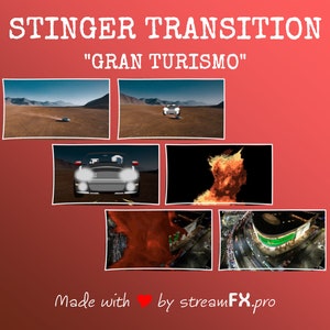 Puede incluir: Un collage de im&aacute;genes que muestran un coche conduciendo por un camino de tierra, un coche conduciendo por una pista de carreras, un coche conduciendo de noche, un coche conduciendo a trav&eacute;s de un fuego y un coche conduciendo por una pista de carreras de noche. El texto "STINGER TRANSITION" y "GRAN TURISMO" se muestra en la parte superior del collage. El texto "Made with ❤️ by streamFX.pro" se muestra en la parte inferior del collage.