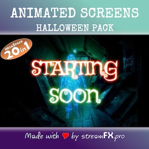 Peut inclure: Une image numérique sur le thème d'Halloween. Le texte "STARTING SOON" est affiché dans une police animée et colorée. L'image comprend également un fantôme bleu lumineux et une boîte de texte qui dit "MEGA PACK 20 in 1".