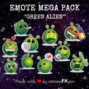 May include: A set of 9 green alien emoticons with different expressions, including crying, sick, in love, and angry. The emoticons are set against a dark purple background with white stars. The text "EMOTE MEGA PACK" and "GREEN ALIEN" is at the top of the image. The text "Made with ❤️ by streamFX.pro" is at the bottom of the image.