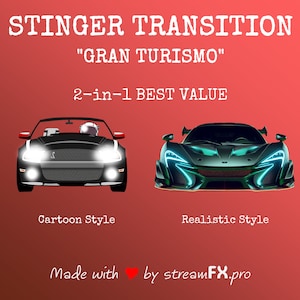 Puede incluir: Una comparaci&oacute;n de dos renderizados de coches en diferentes estilos. La imagen superior muestra un coche negro de estilo de dibujos animados con los faros encendidos. La imagen inferior muestra un coche verde de estilo realista con los faros brillantes. El texto sobre las im&aacute;genes dice "STINGER TRANSITION "GRAN TURISMO" 2 en 1 MEJOR VALOR". El texto debajo de las im&aacute;genes dice "Estilo de dibujos animados" y "Estilo realista". El texto en la parte inferior dice "Made with by streamFX.pro".