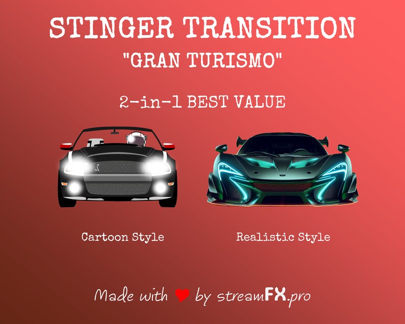 Puede incluir: Una comparaci&oacute;n de dos renderizados de coches en diferentes estilos. La imagen superior muestra un coche negro de estilo de dibujos animados con los faros encendidos. La imagen inferior muestra un coche verde de estilo realista con los faros brillantes. El texto sobre las im&aacute;genes dice "STINGER TRANSITION "GRAN TURISMO" 2 en 1 MEJOR VALOR". El texto debajo de las im&aacute;genes dice "Estilo de dibujos animados" y "Estilo realista". El texto en la parte inferior dice "Made with by streamFX.pro".
