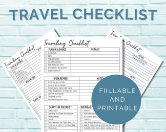 Travel Checklist Printable and Fillable PDF, Traveling Checklist Editable PDF