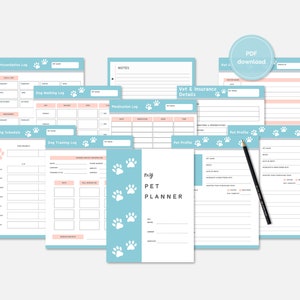 May include: A printable pet planner with a light blue background and paw print designs. The planner includes sections for feeding schedules, dog walking logs, dog training logs, medication logs, preventative logs, vet and insurance details, and pet profiles.