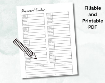 Password Tracker Printable and Fillable PDF, Fillable and Printable Password Keeper