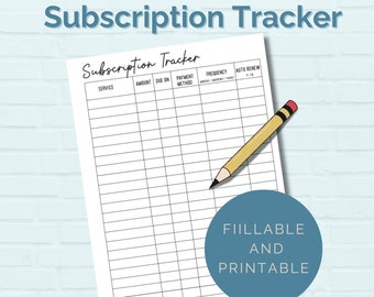 Subscription Tracker Printable and Fillable PDF, Subscription Tracker Editable PDF