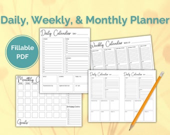 Calendar Printable and Fillable PDF, Daily Planner Printable, Weekly Planner Printable, Monthly Planner Printable, Fillable Calendar