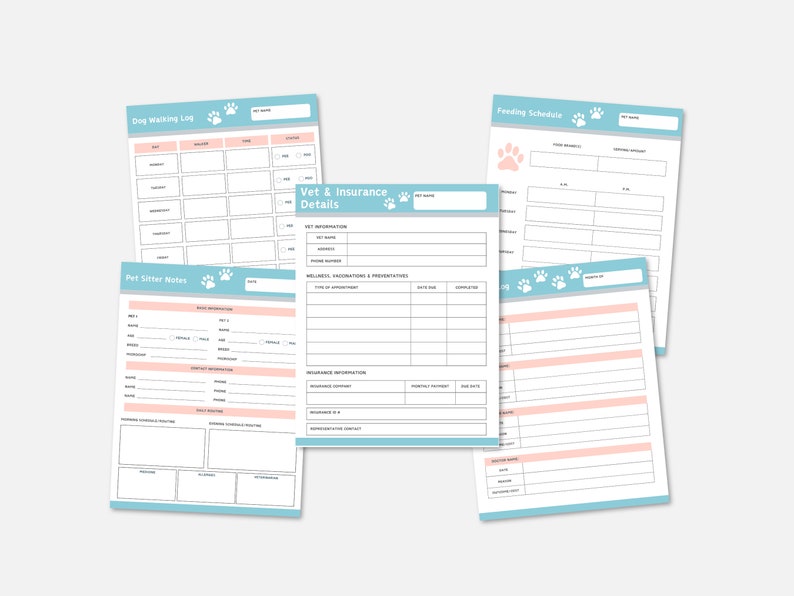 May include: Printable pet sitter log sheets with paw print designs. Includes sections for dog walking log, feeding schedule, vet and insurance details, and pet sitter notes.
