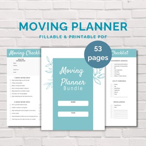 May include: A printable moving planner bundle with 53 pages. The cover features a light blue background with a white outline of leaves and the text "Moving Planner Bundle".