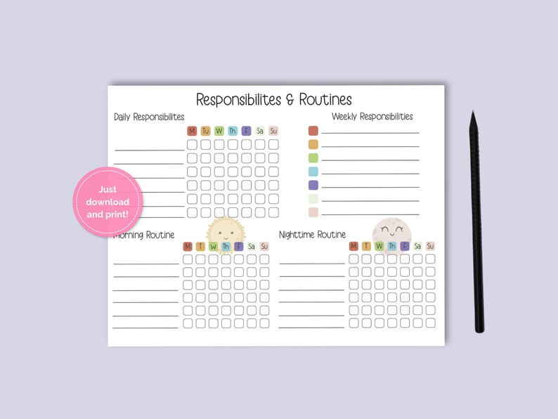 Responsibilities and Routines Chart, Printable Chore Chart, Fillable ...