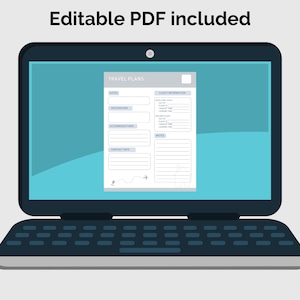 May include: A laptop computer displaying a printable travel planner with sections for dates, destination, accommodation, contact info, flight information, and notes. The planner has a blue and gray color scheme with small airplane icons.