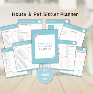 Puede incluir: Un planificador PDF imprimible de 13 páginas para cuidadores de casas y mascotas. El planificador incluye secciones para la casa, los servicios públicos, los vecinos y la comunidad, el perfil de la mascota, el cuidado de las plantas y la lista de verificación del propietario antes de irse.