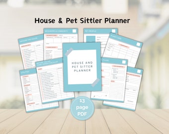 May include: A 13-page printable PDF planner for house and pet sitters. The planner includes sections for around the house, utilities, neighbors and community, pet profile, plant care, and before you go home owner checklist.