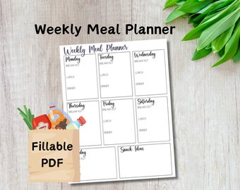 Weekly Meal Planner PDF, Fillable and Printable Meal Planner PDF