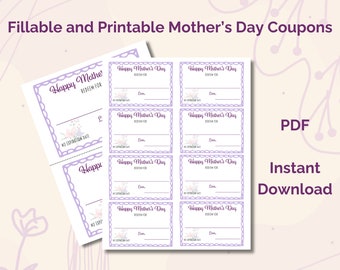 Mother's Day Coupons Printable and Fillable PDF; Mother's Day Vouchers Printable and Fillable PDF