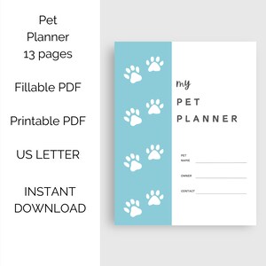 May include: A printable pet planner with a light blue cover featuring a repeating pattern of white paw prints. The cover also has the text "My Pet Planner".
