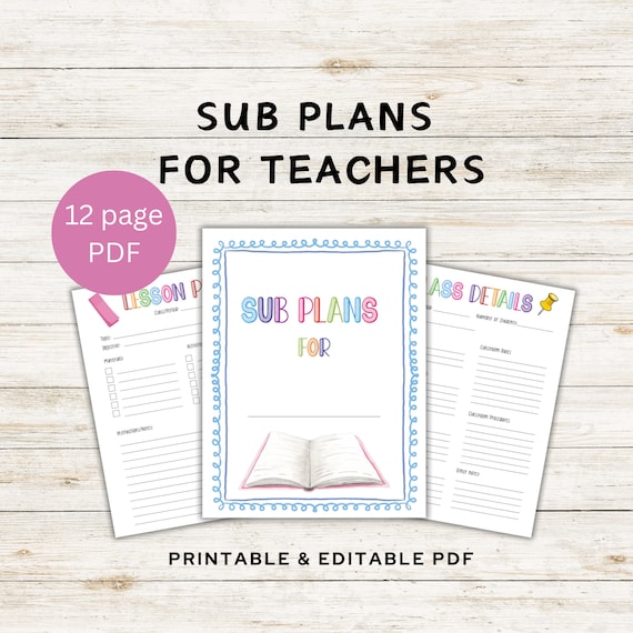 Sub Plans for Teachers Printable PDF; Sub Plans for Teachers Editable PDF