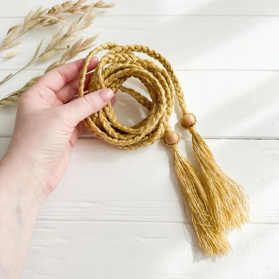 Handmade Mustard Linen Rope Belt With Tassels for Women 