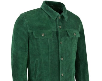 Men’s Green Suede Trucker Jacket | Classic Western Shirt Collar Leather Shirt