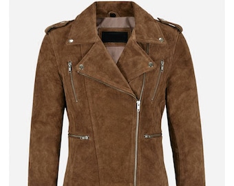 Women&#39;s Biker Leather Jacket Dark Brown Suede Classic Fashion Casual Jacket, Chaqueta de ante en marrón oscuro