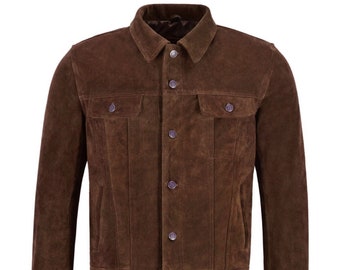 Men&#39;s Dark Brown Suede Trucker Jacket: Western Denim Style