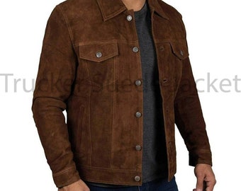 Men's Classic Trucker Dark Brown Suede Leather Jacket Denim Style Western Real Suede Leather Jacket