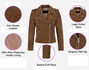 Women's Biker Leather Jacket Dark Brown Suede Classic Fashion Casual Jacket, Chaqueta de ante en marrón oscuro