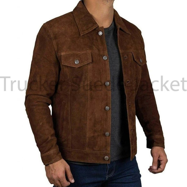 Men's Classic Trucker Dark Brown Suede Leather Jacket Denim Style Western Real Suede Leather Jacket