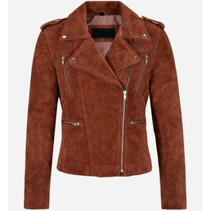 Blouson motard classique en daim marron rougeâtre pour femme - Élégant manteau en cuir à fermeture éclair pour femme, parfait pour la mode décontractée et les vêtements de moto